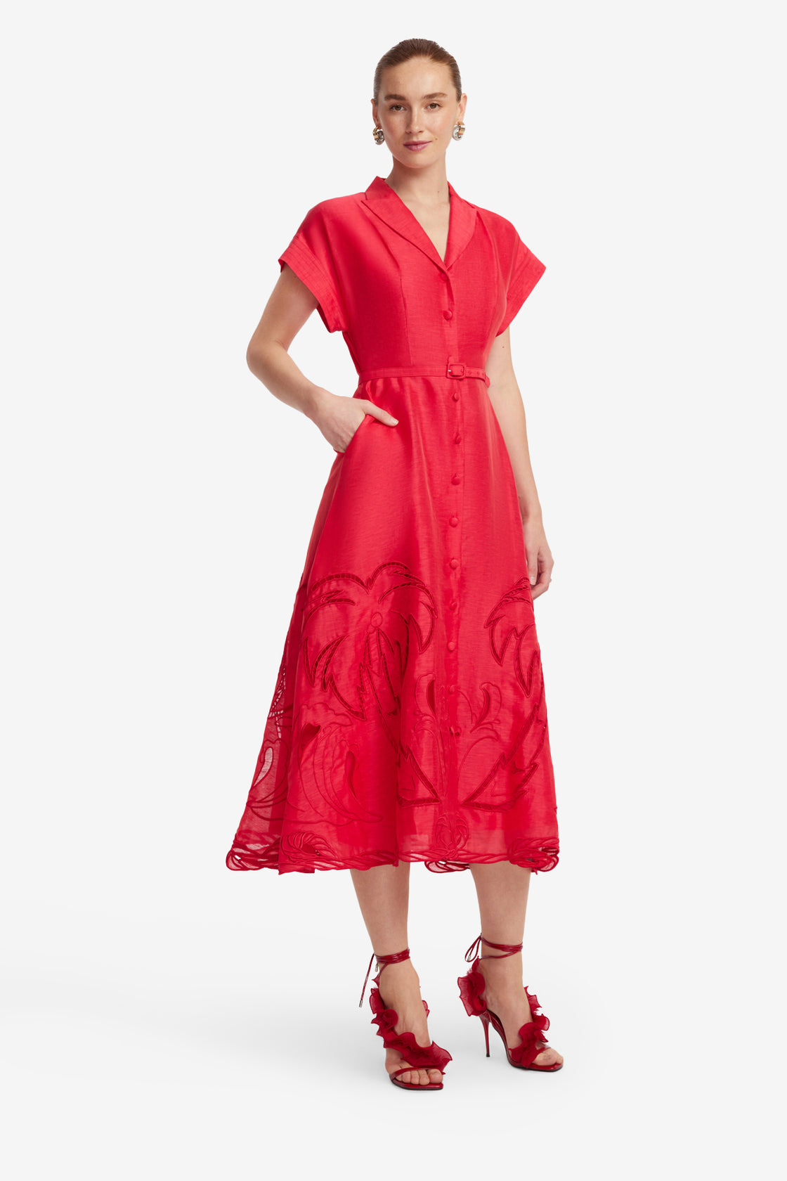 Aubrey Palm Shirt Midi Dress - Scarlet LEO LIN Aubrey Palm Shirt Midi Dress - Scarlet LEO LIN