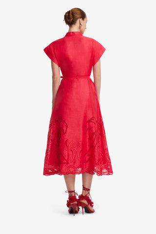 Exclusive LEO LIN Aubrey Applique Shirt Midi Dress - Scarlet