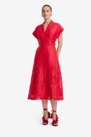 Exclusive LEO LIN Aubrey Applique Shirt Midi Dress - Scarlet