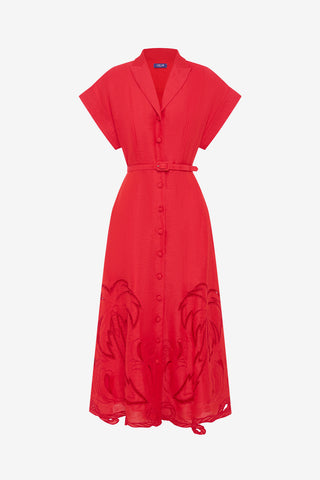 Exclusive LEO LIN Aubrey Applique Shirt Midi Dress - Scarlet