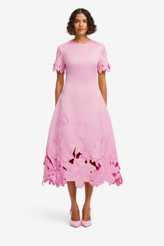 Exclusive LEO LIN Caroline Appliqué Short Sleeve Midi Dress - Flamingo
