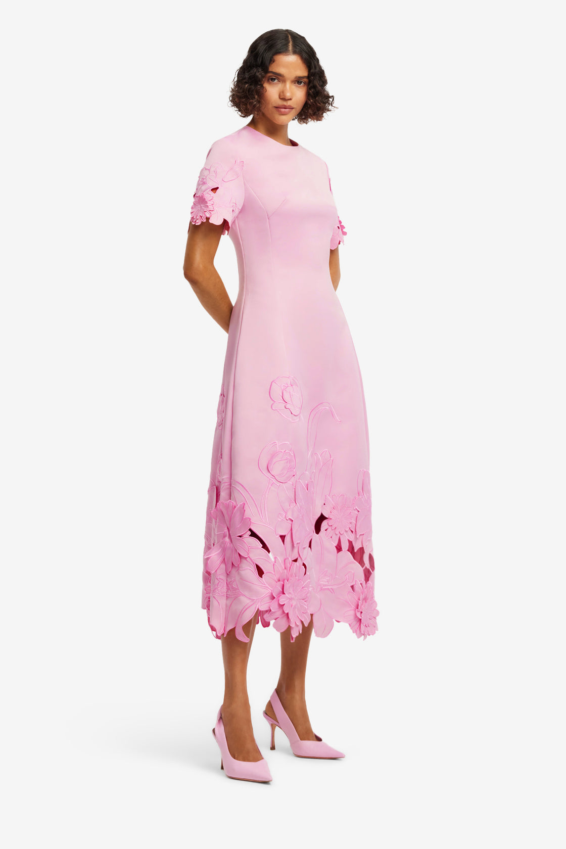 Exclusive LEO LIN Caroline Appliqué Short Sleeve Midi Dress - Flamingo