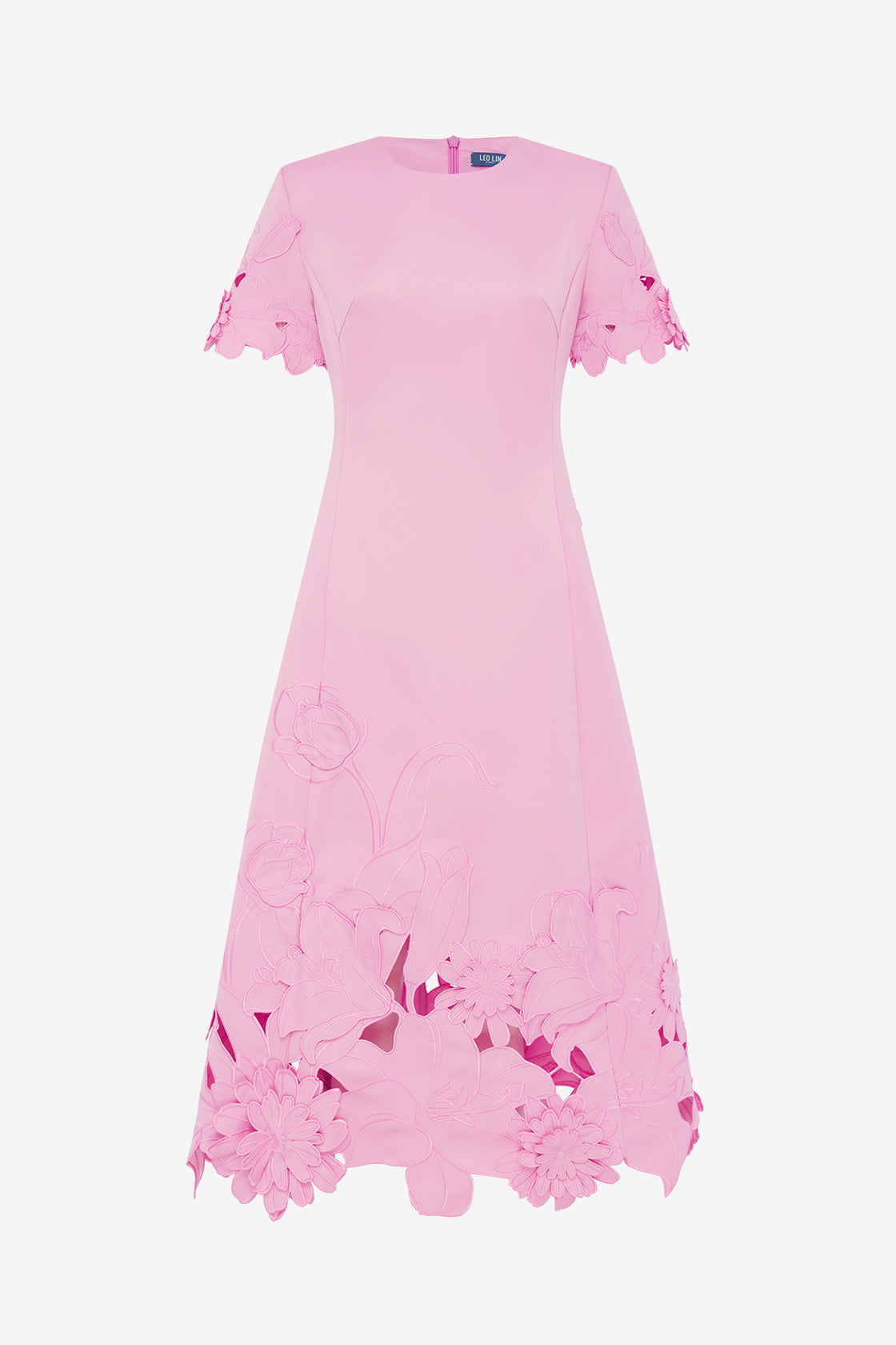 Exclusive LEO LIN Caroline Appliqué Short Sleeve Midi Dress - Flamingo