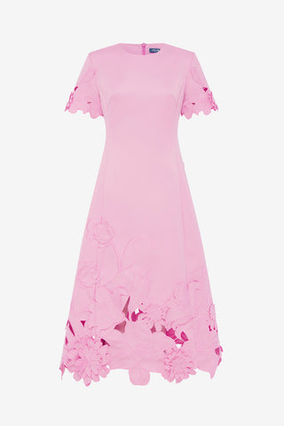 Exclusive LEO LIN Caroline Appliqué Short Sleeve Midi Dress - Flamingo
