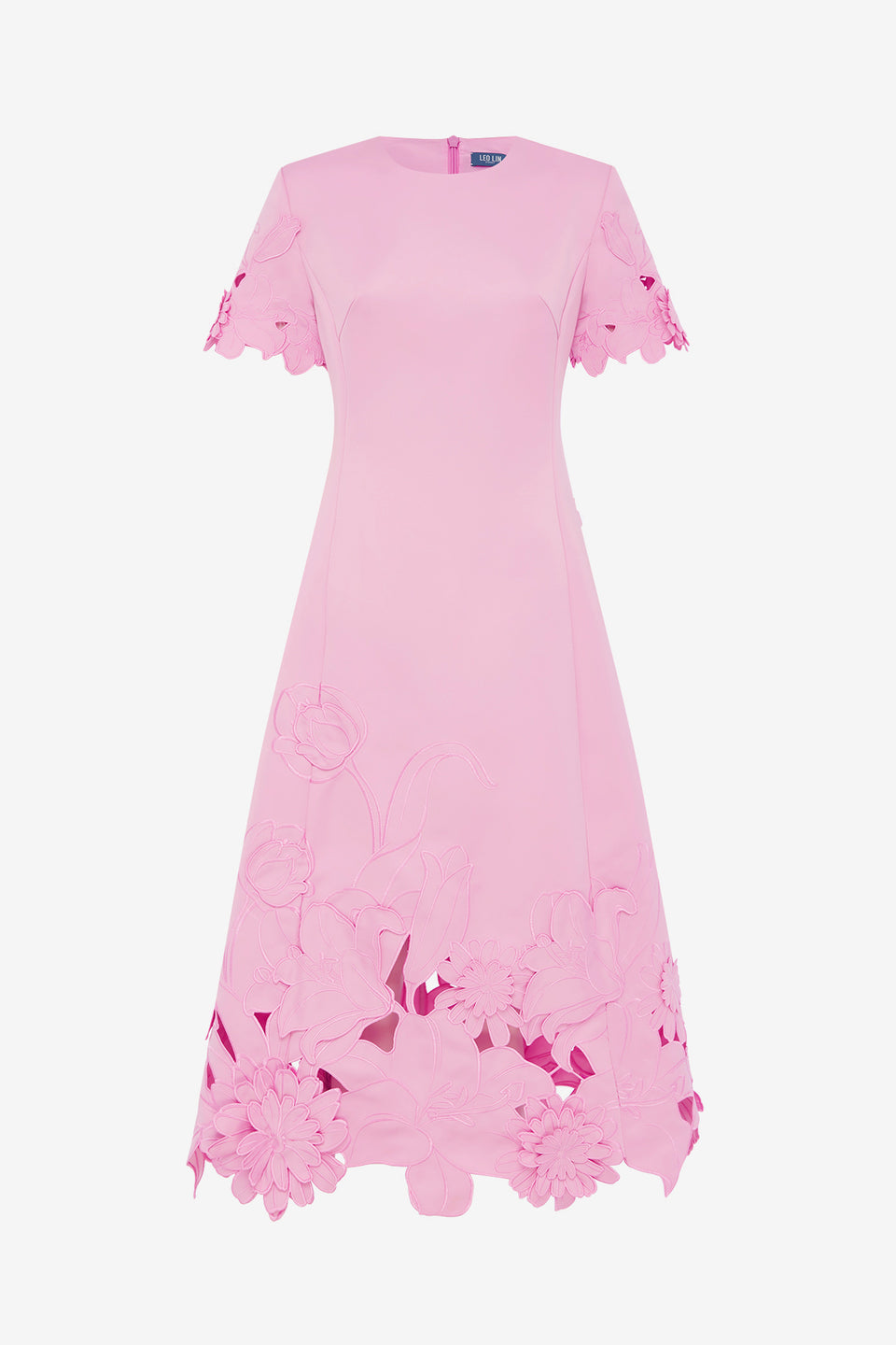 Exclusive LEO LIN Caroline Appliqué Short Sleeve Midi Dress - Flamingo