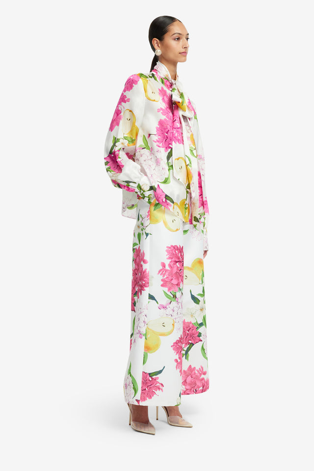 Exclusive LEO LIN Freya Tie Neck Silk Blouse - Floral Pear Print