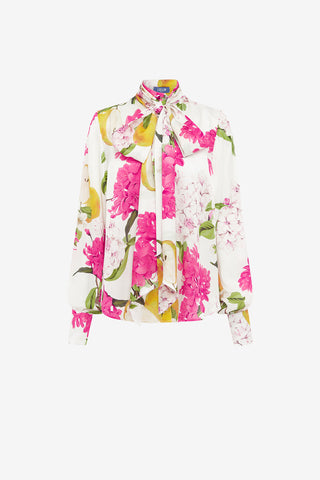 Exclusive LEO LIN Freya Tie Neck Silk Blouse - Floral Pear Print