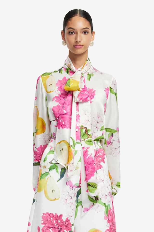 Exclusive LEO LIN Freya Tie Neck Silk Blouse - Floral Pear Print