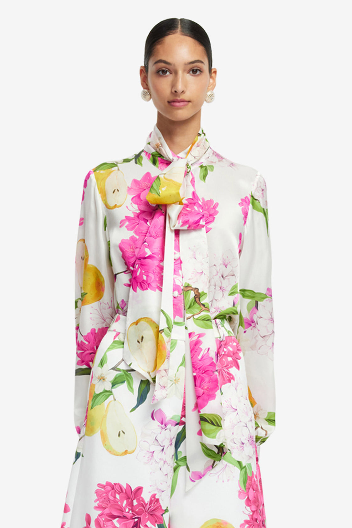 Exclusive LEO LIN Freya Tie Neck Silk Blouse - Floral Pear Print