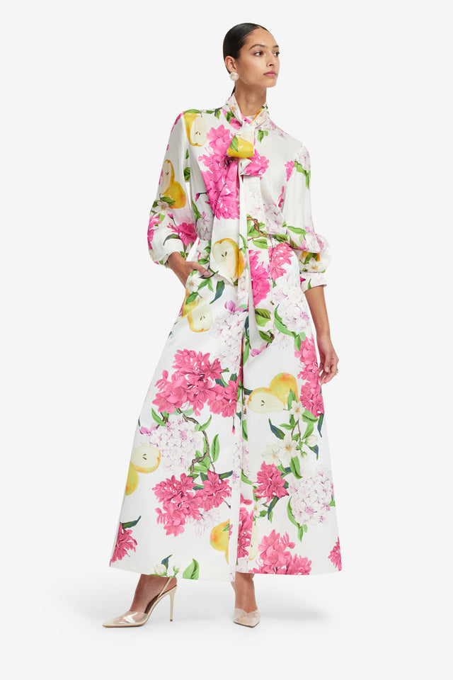 Exclusive LEO LIN Freya Tie Neck Silk Blouse - Floral Pear Print