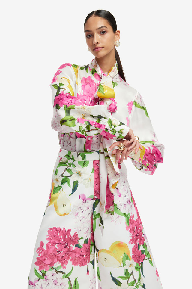 Exclusive LEO LIN Freya Tie Neck Silk Blouse - Floral Pear Print
