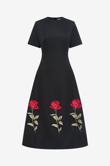 Caroline Embellished Rose Midi Dress in Black