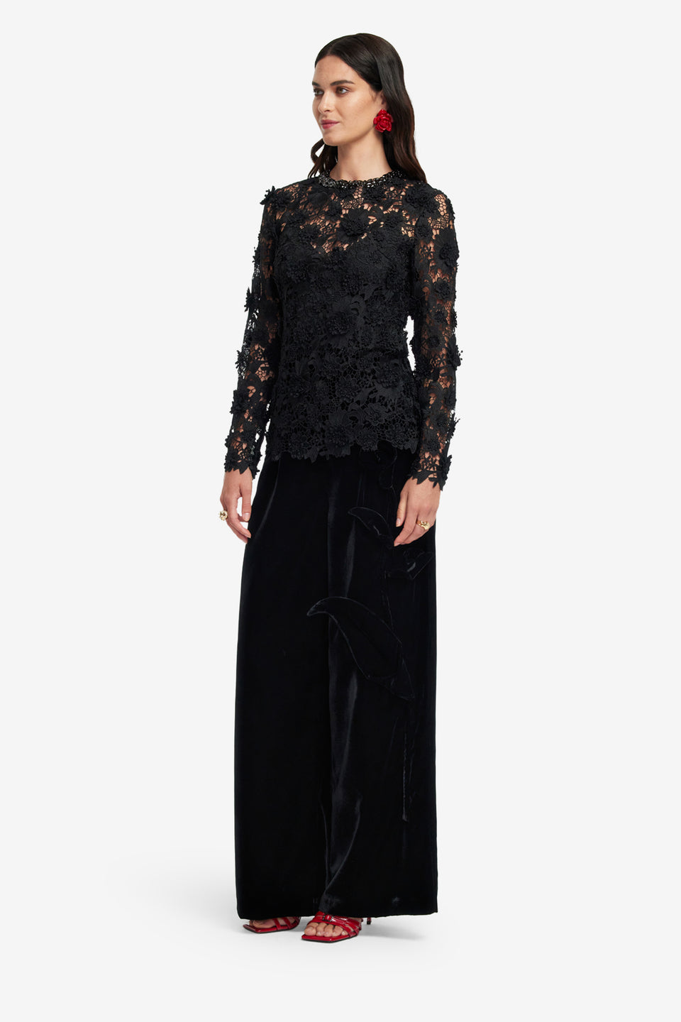 Exclusive LEO LIN Ines Lace Embellished Top - Ebony