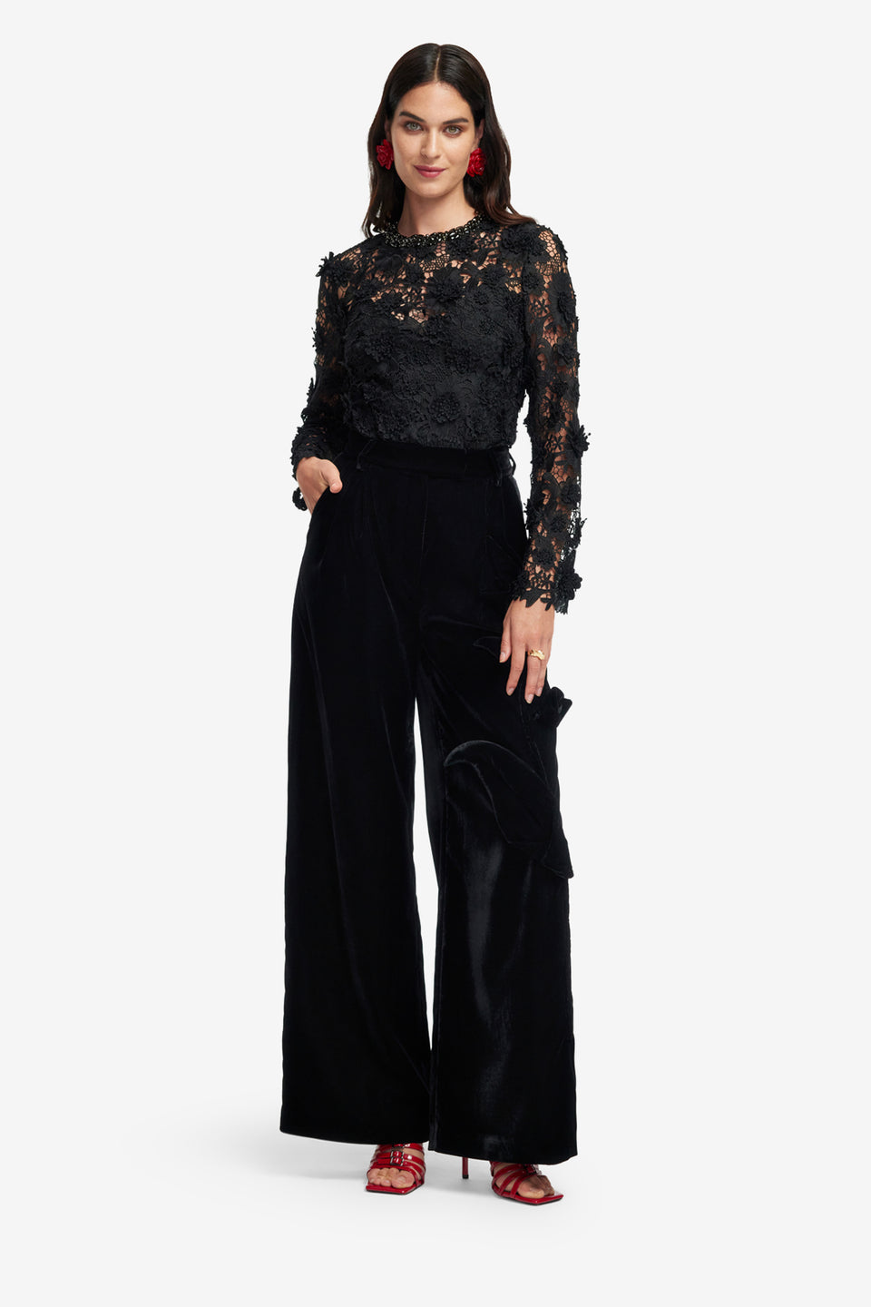 Exclusive LEO LIN Ines Lace Embellished Top - Ebony