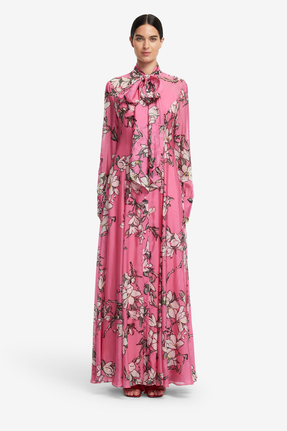 Exclusive LEO LIN Lilith Tie Neck Maxi Dress - Pink Magnolia Print
