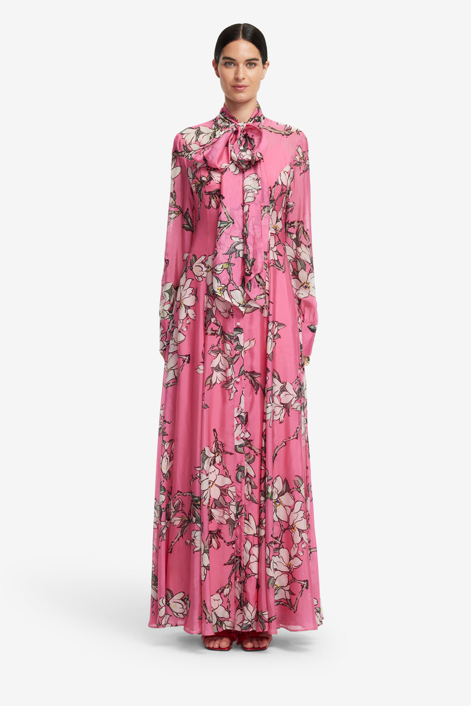 Exclusive LEO LIN Lilith Tie Neck Maxi Dress - Pink Magnolia Print