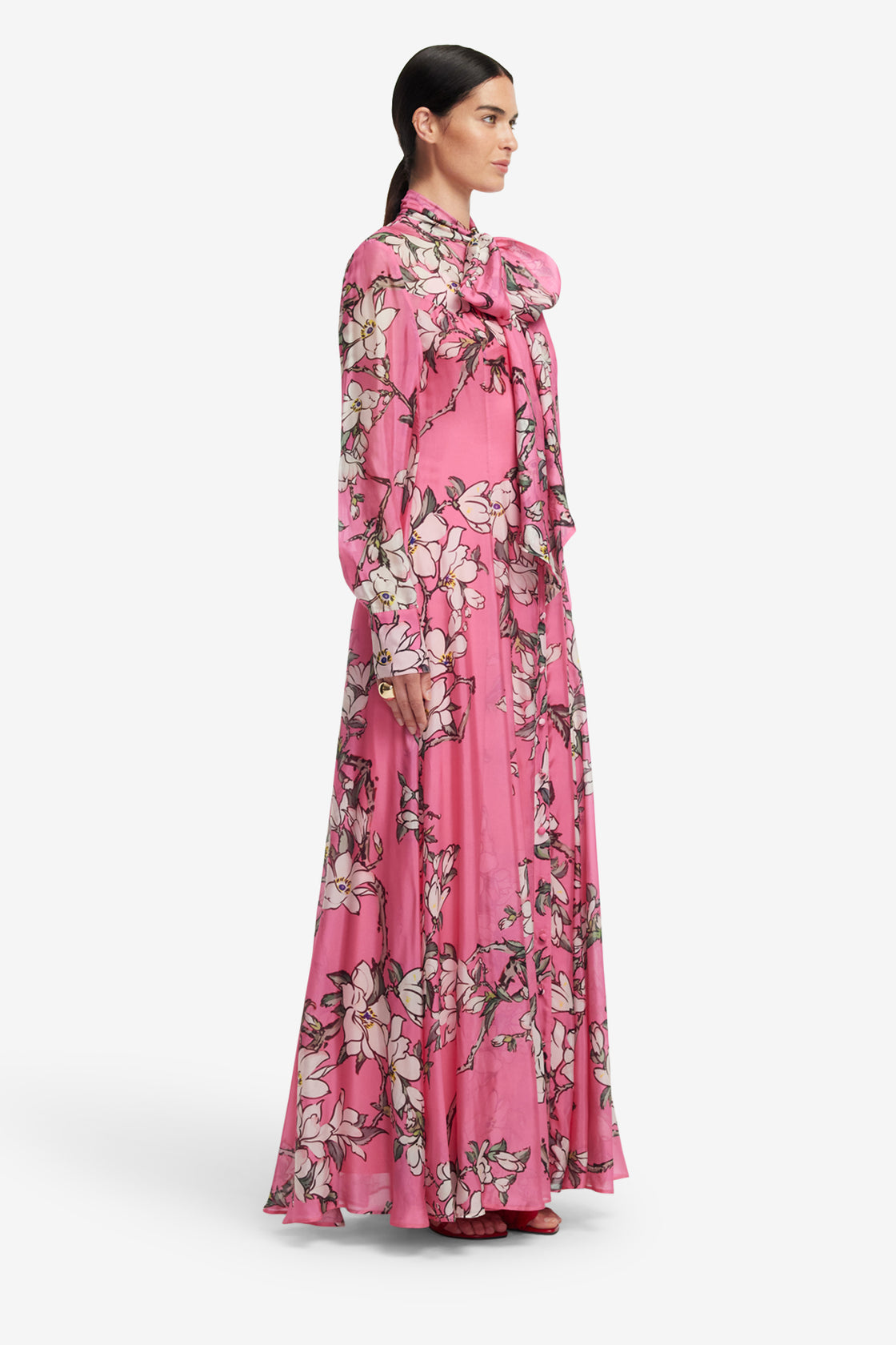 Exclusive LEO LIN Lilith Tie Neck Maxi Dress - Pink Magnolia Print