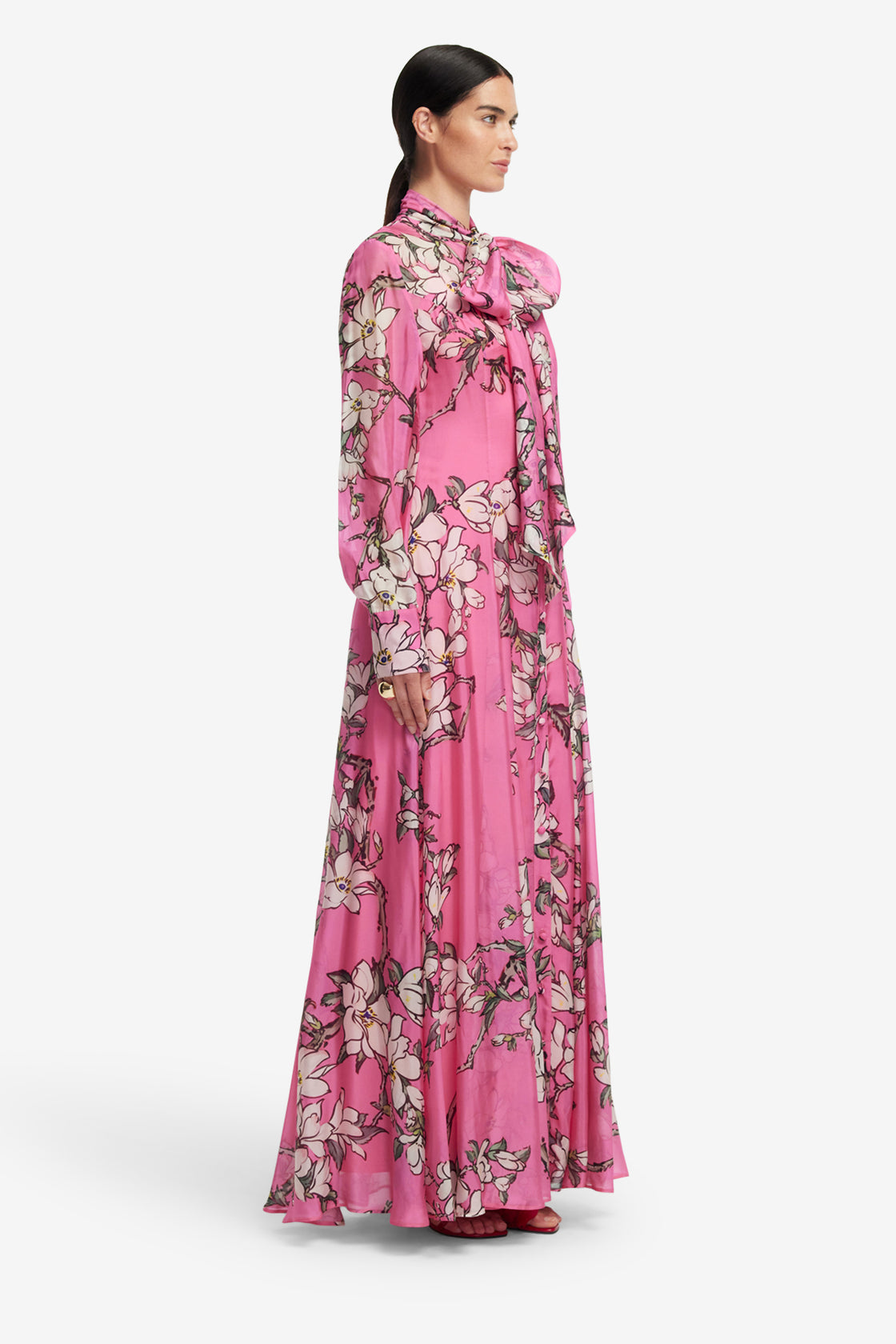 Exclusive LEO LIN Lilith Tie Neck Maxi Dress - Pink Magnolia Print
