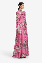 Lilith Tie Neck Maxi Dress - Pink Magnolia Print Dress Maxi