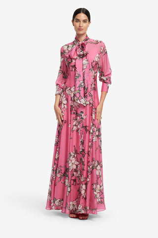 Exclusive LEO LIN Lilith Tie Neck Maxi Dress - Pink Magnolia Print