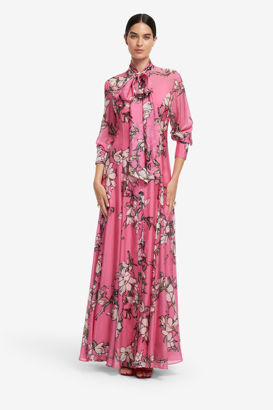 Exclusive LEO LIN Lilith Tie Neck Maxi Dress - Pink Magnolia Print
