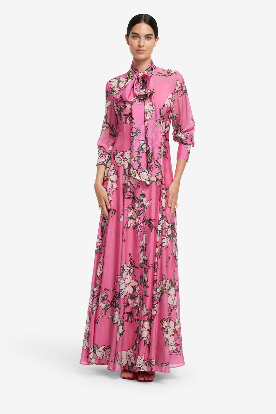 Exclusive LEO LIN Lilith Tie Neck Maxi Dress - Pink Magnolia Print
