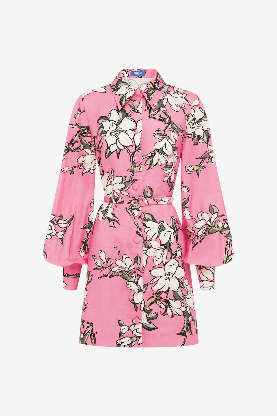 Exclusive LEO LIN Luminous Linen Mini Dress - Pink Magnolia Print