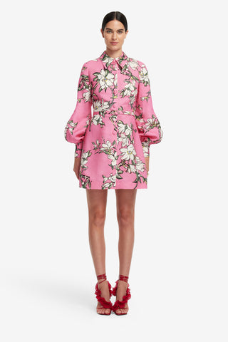 Exclusive LEO LIN Luminous Linen Mini Dress - Pink Magnolia Print