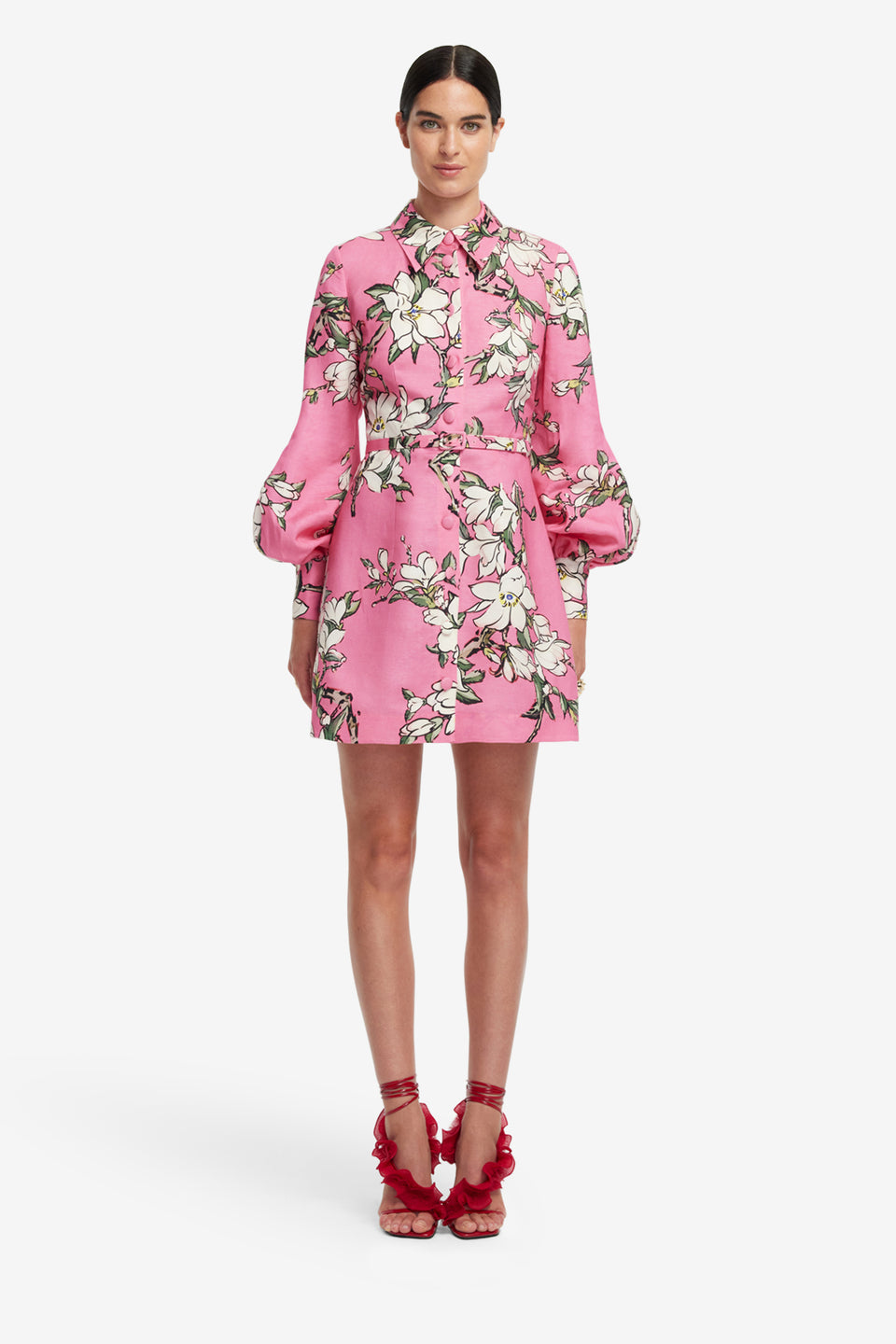 Exclusive LEO LIN Luminous Linen Mini Dress - Pink Magnolia Print