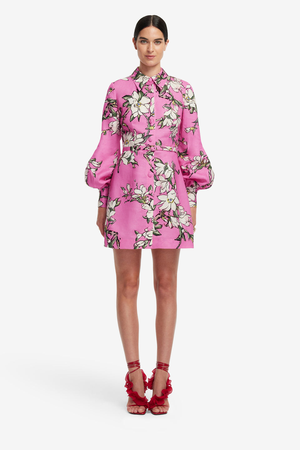 Exclusive LEO LIN Luminous Linen Mini Dress - Pink Magnolia Print