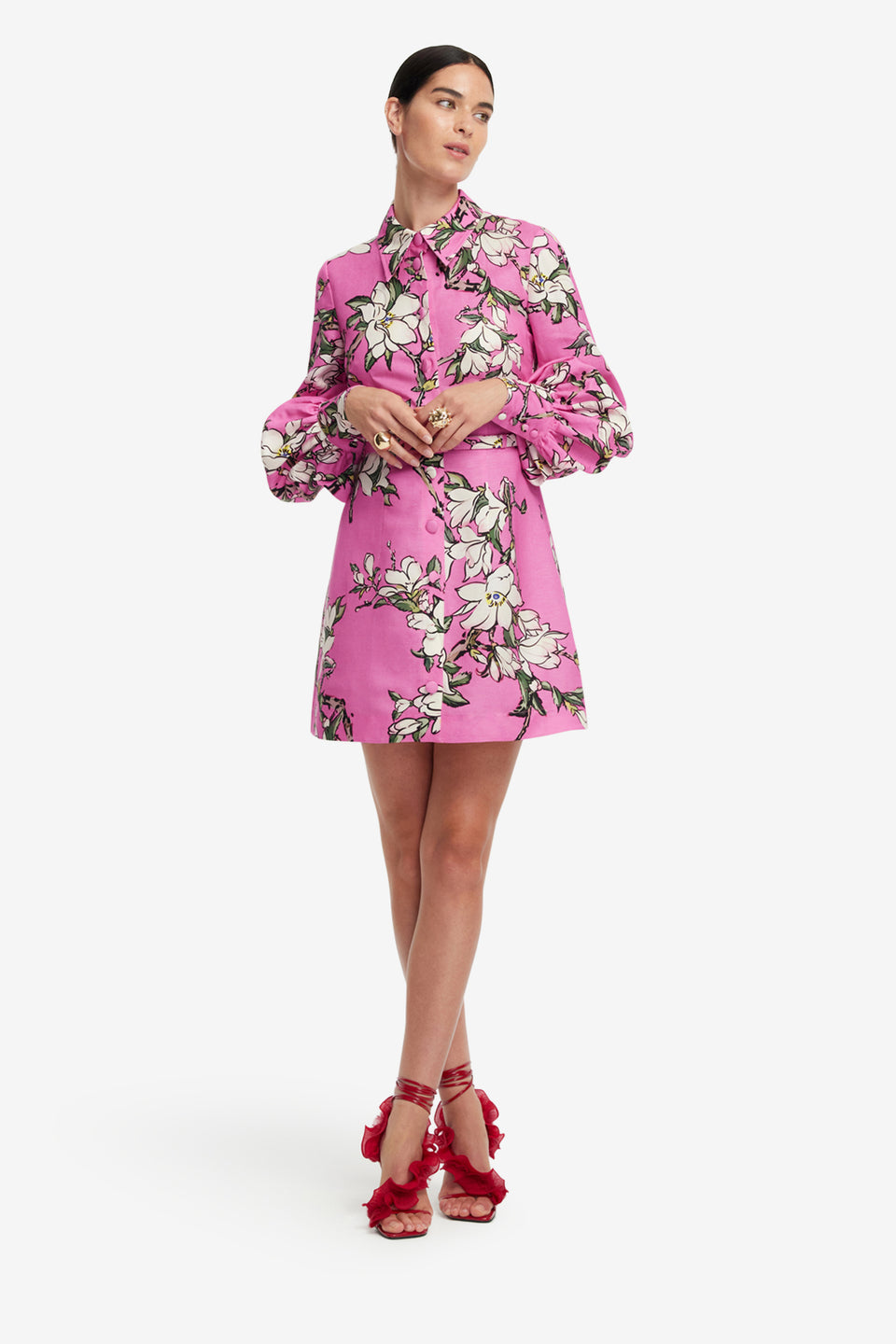 Exclusive LEO LIN Luminous Linen Mini Dress - Pink Magnolia Print