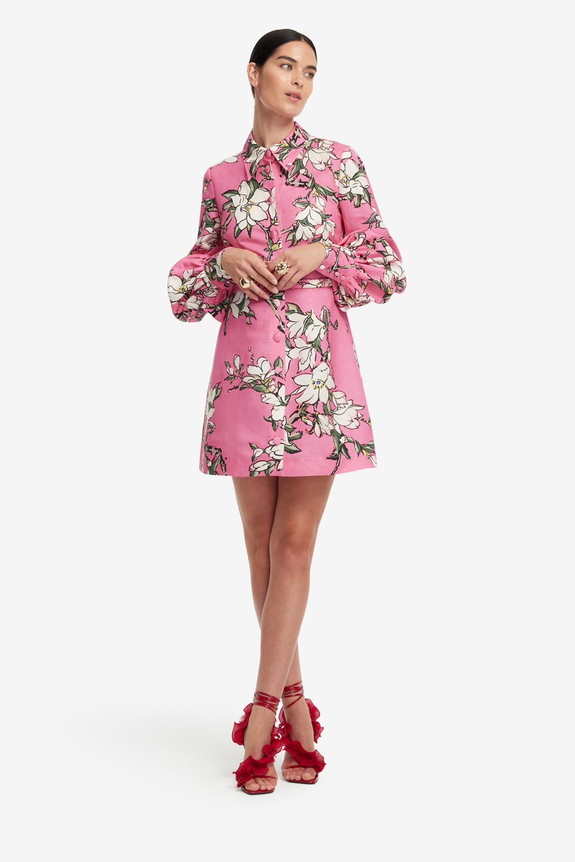 Exclusive LEO LIN Luminous Linen Mini Dress - Pink Magnolia Print