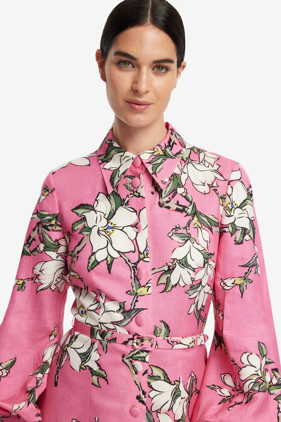 Exclusive LEO LIN Luminous Linen Mini Dress - Pink Magnolia Print