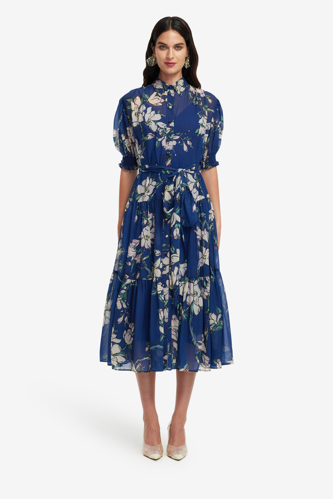 Exclusive LEO LIN Ellie Bishop Sleeve Midi Dress - Midnight Magnolia Print