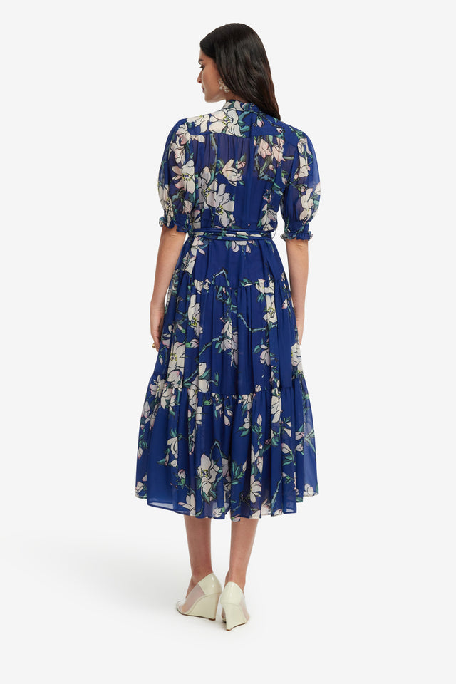 Exclusive LEO LIN Ellie Bishop Sleeve Midi Dress - Midnight Magnolia Print