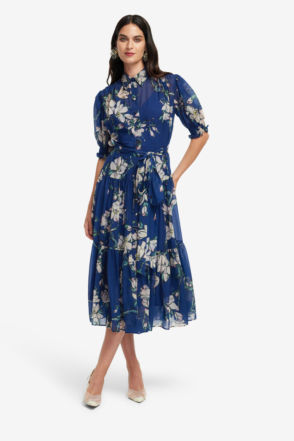 Exclusive LEO LIN Ellie Bishop Sleeve Midi Dress - Midnight Magnolia Print