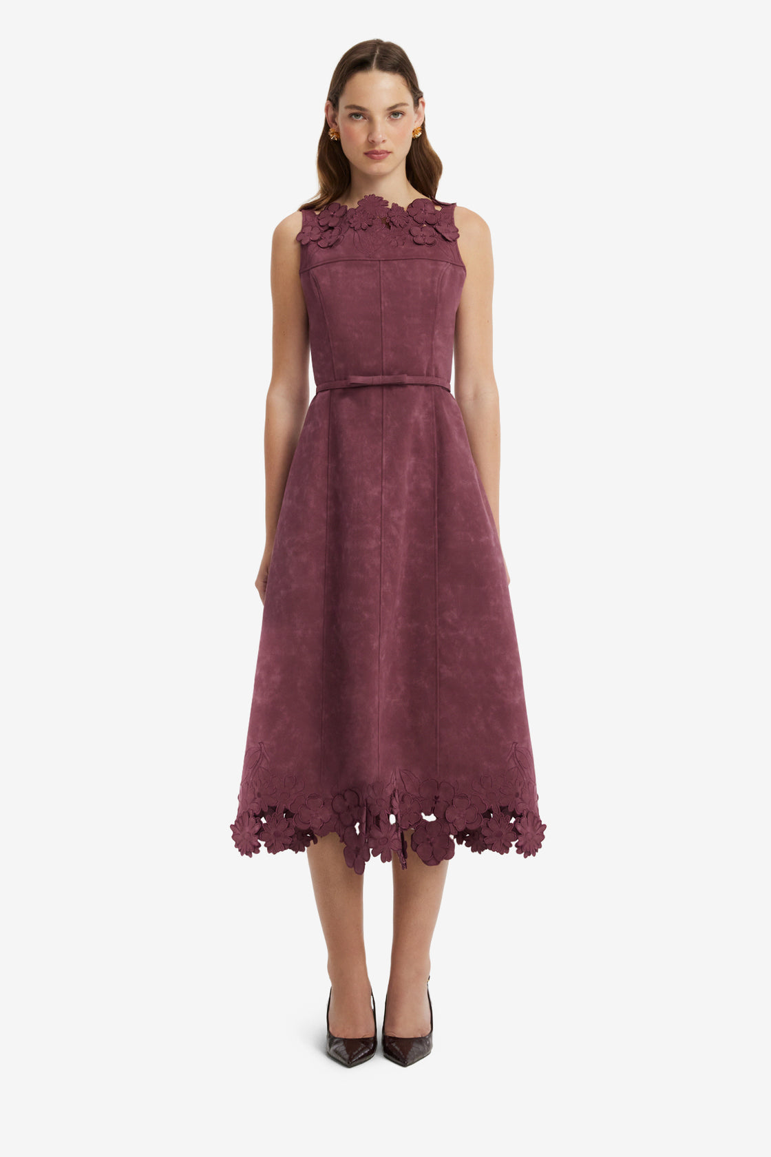 Cleo Applique Vegan Suede Midi Dress - Mahogany Dress Midi
