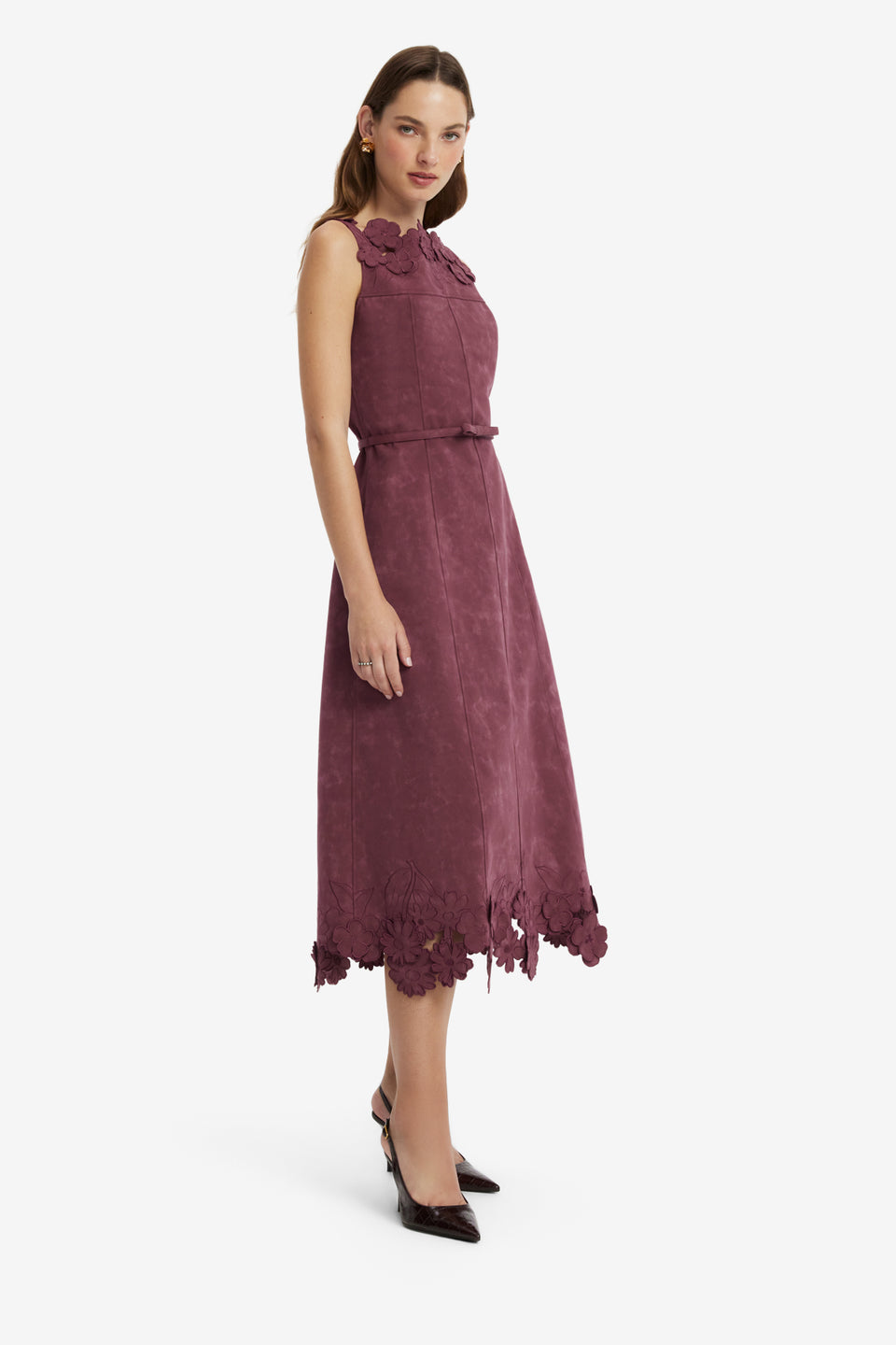 Cleo Applique Vegan Suede Midi Dress - Mahogany Dress Midi