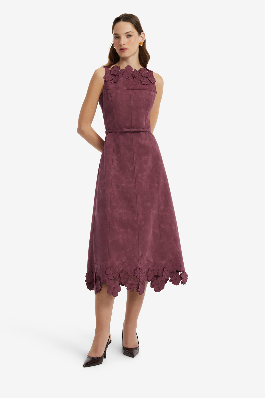 Cleo Applique Vegan Suede Midi Dress - Mahogany Dress Midi