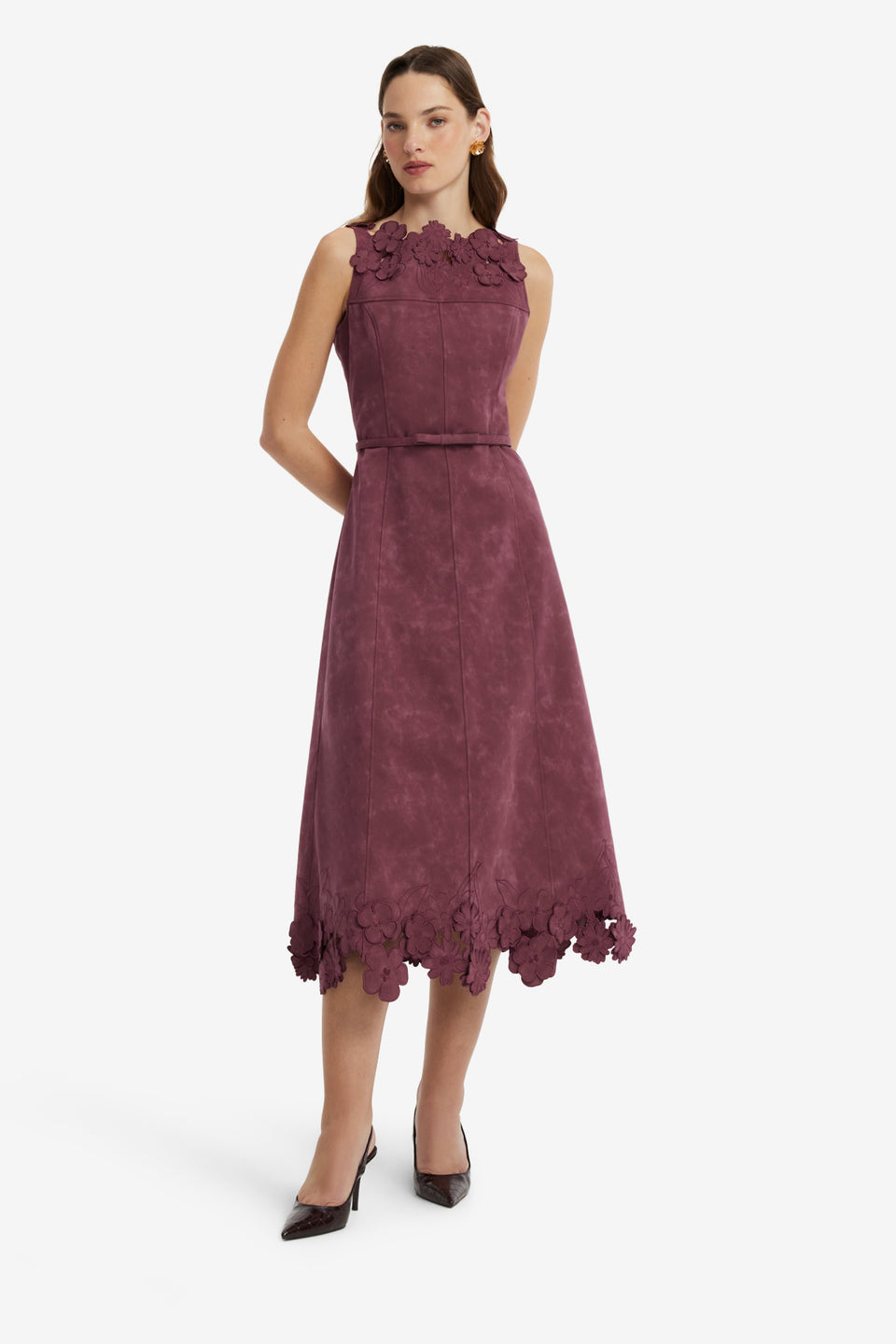 Cleo Applique Vegan Suede Midi Dress - Mahogany Dress Midi