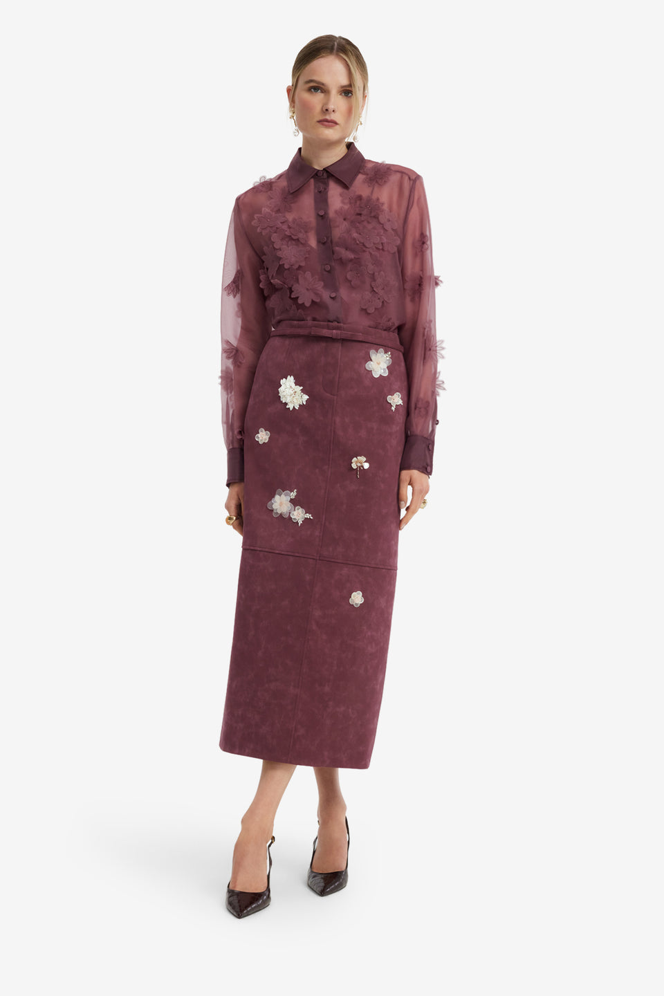 Saskia Embellished Vegan Suede Maxi Skirt - Mahogany Skirts