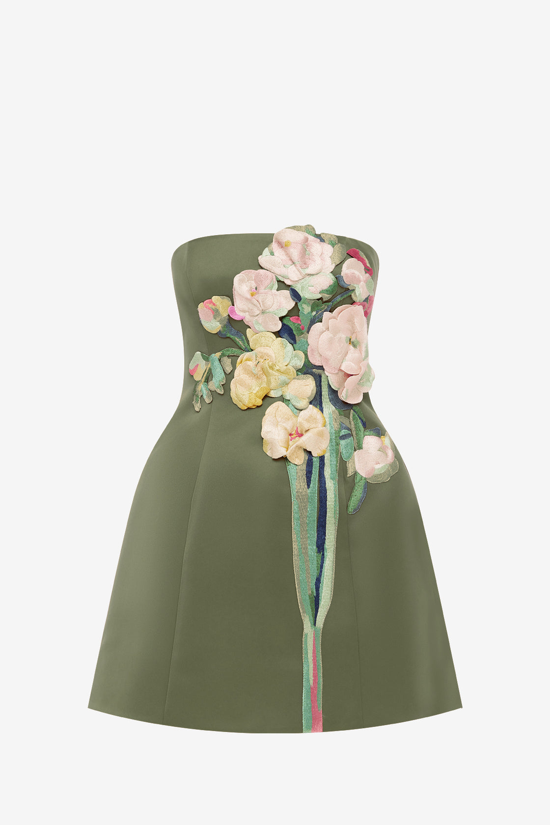 Roselle Embroidered Bustier Mini Dress - Reverie Print in Olive Dress Mini