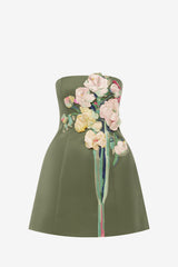 Roselle Embroidered Bustier Mini Dress - Reverie Print in Olive Dress Mini