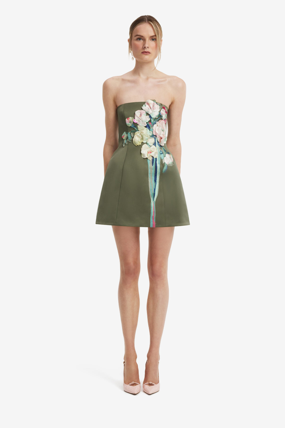 Roselle Embroidered Bustier Mini Dress - Reverie Print in Olive Dress Mini