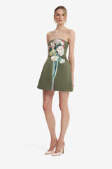 Roselle Embroidered Bustier Mini Dress - Reverie Print in Olive Dress Mini