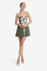 Roselle Embroidered Bustier Mini Dress - Reverie Print in Olive Dress Mini