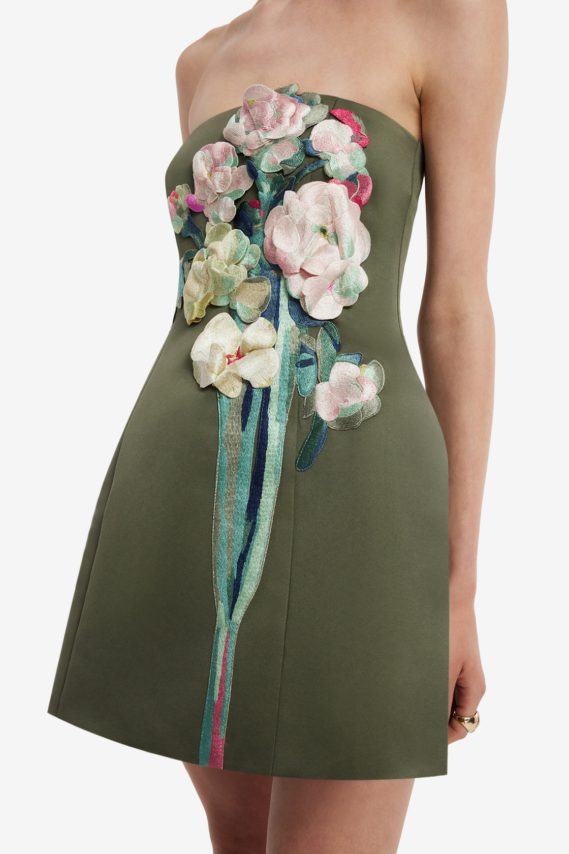 Roselle Embroidered Bustier Mini Dress - Reverie Print in Olive Dress Mini