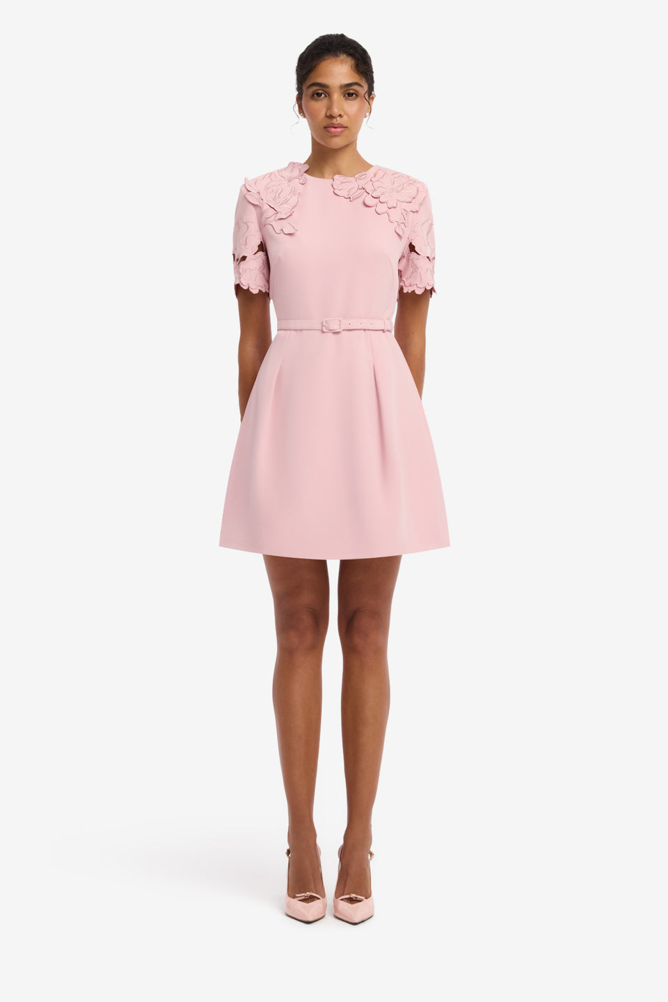 Aurelie Applique Short Sleeve Mini Dress - Rose Dress Mini