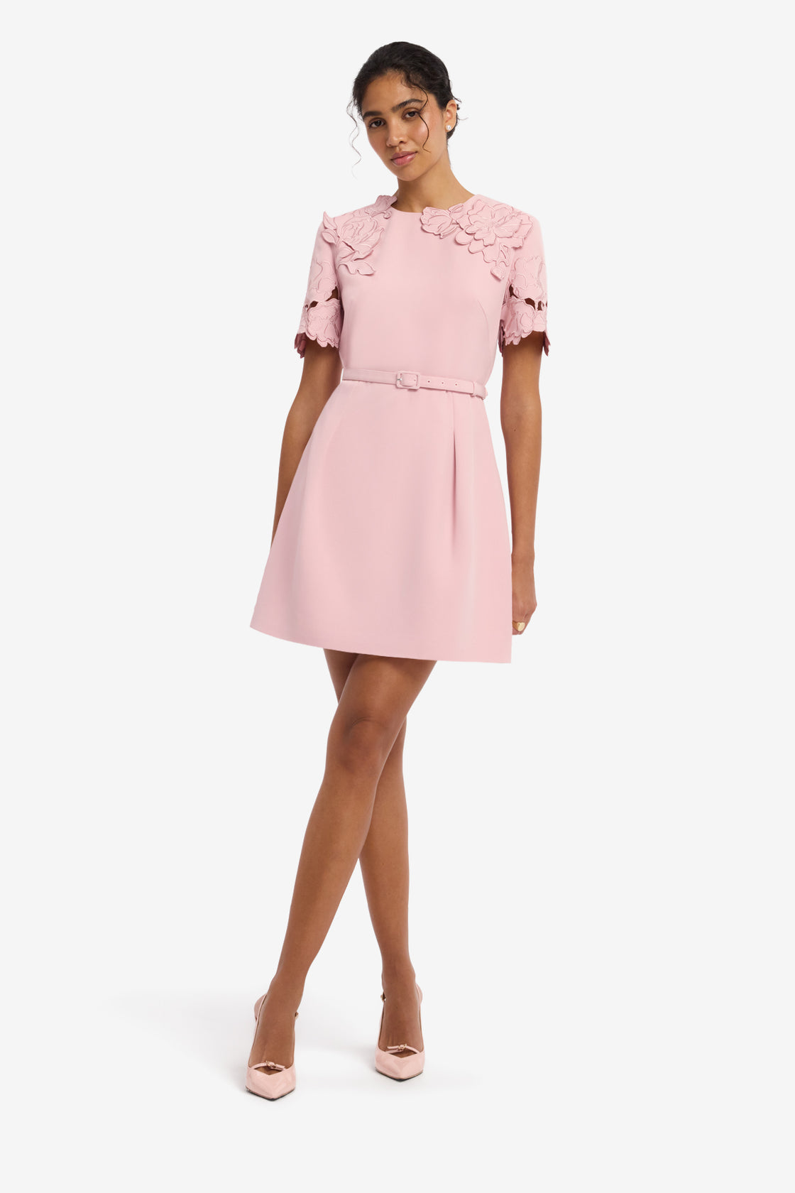 Aurelie Applique Short Sleeve Mini Dress - Rose Dress Mini