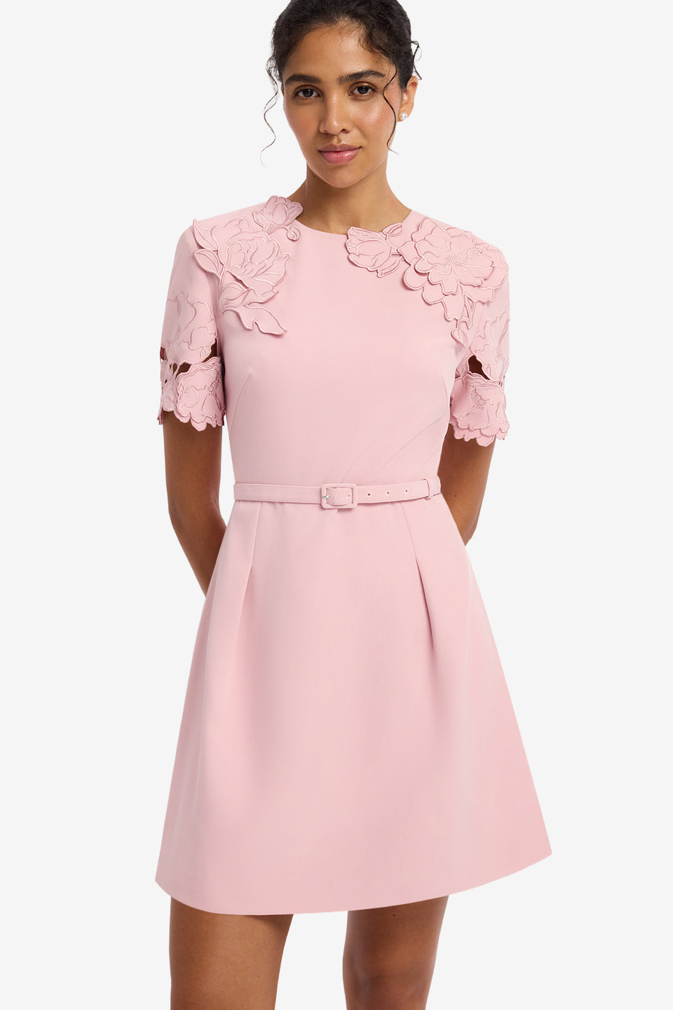 Aurelie Applique Short Sleeve Mini Dress - Rose Dress Mini